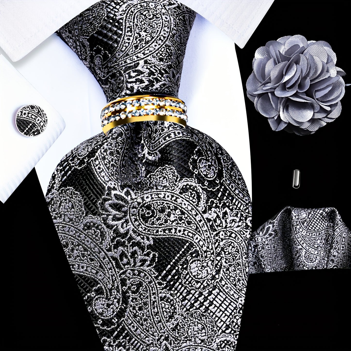 5PCS Men's Luxury Tie Set with Pocket Square, Cufflinks, Drilled Tie Ring, and Lapel Pin