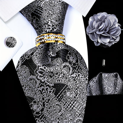 5PCS Men's Luxury Tie Set with Pocket Square, Cufflinks, Drilled Tie Ring, and Lapel Pin