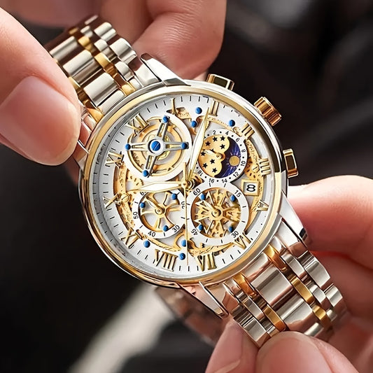 Noble Luxury Business men's Watch Stainless Steel Strap. Fashion Creative Gear Dial Luminous Calendar Quartz Watches. Suitable for family gatherings as gifts