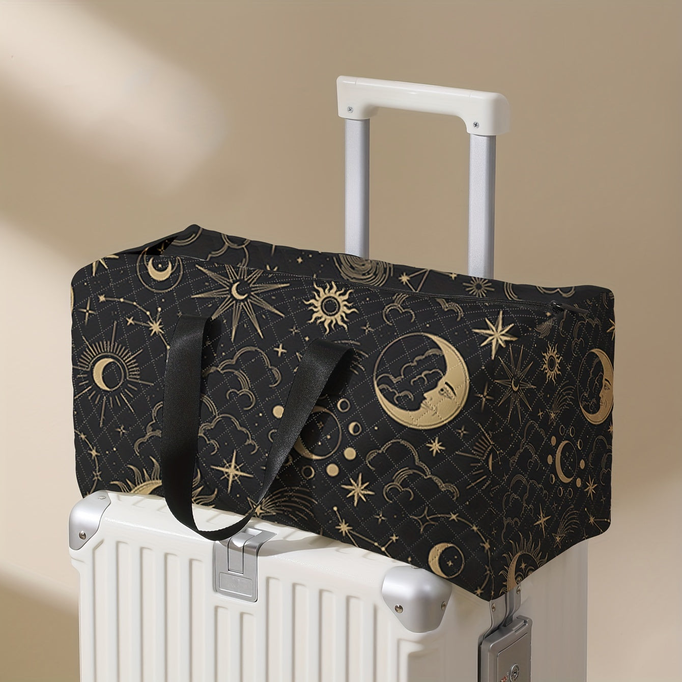 1pc Large Capacity Travel Handbag, Moon Sun Pattern Print Fashion Crossbody Bag, Handbag With Shoe Compartment, Portable Overnight Luggage Bag, Suitable For Gym, Travel