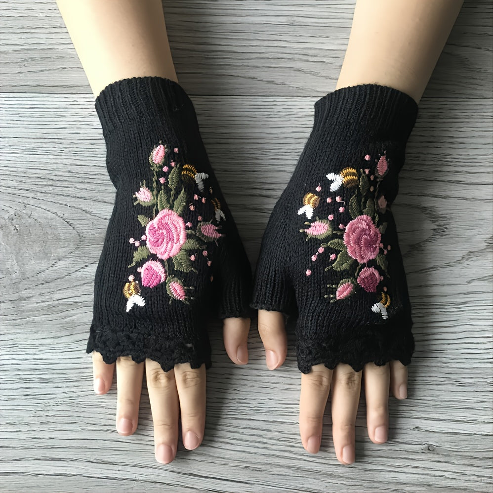 Handmade Flower Embroidered Gloves Women's Fingerless Knit Gloves Autumn Winter Coldproof WritingGloves