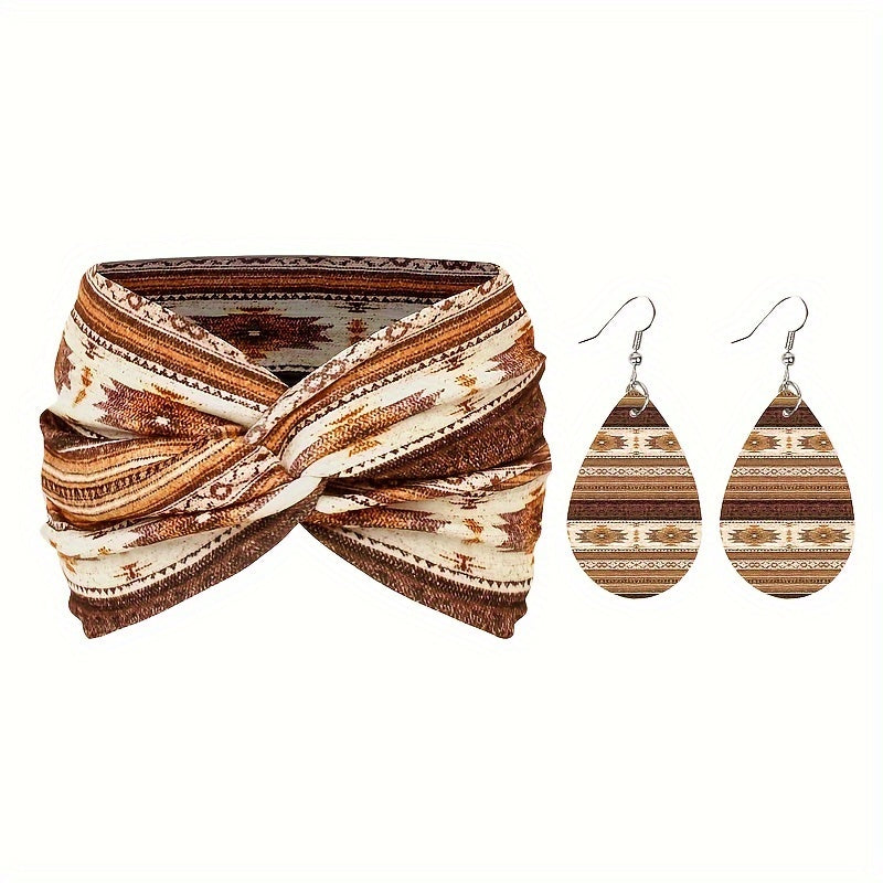 Bohemian Style Headband and Earrings Set - 2pcs, Polyester Boho Wide Printed Cross Knot Hairbands with Matching Earrings, Breathable, High Elastic, Washable, Lightweight, Daily Use Headband Sets for Women - Multiple Patterns Available