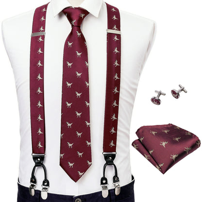 Men Jacquard Adjustable 6 Clips Suspender Neckties Pocket Square Cufflinks