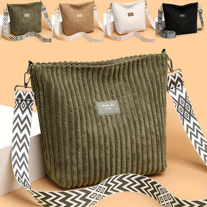Casual Corduroy Crossbody Bag with Adjustable Strap, Lightweight Polyester Lined, Zipper Closure, Striped Pattern, Hand Washable - Fashionable Shoulder Bag for Daily Commute, Shopping, and Travel