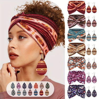 Bohemian Style Headband and Earrings Set - 2pcs, Polyester Boho Wide Printed Cross Knot Hairbands with Matching Earrings, Breathable, High Elastic, Washable, Lightweight, Daily Use Headband Sets for Women - Multiple Patterns Available