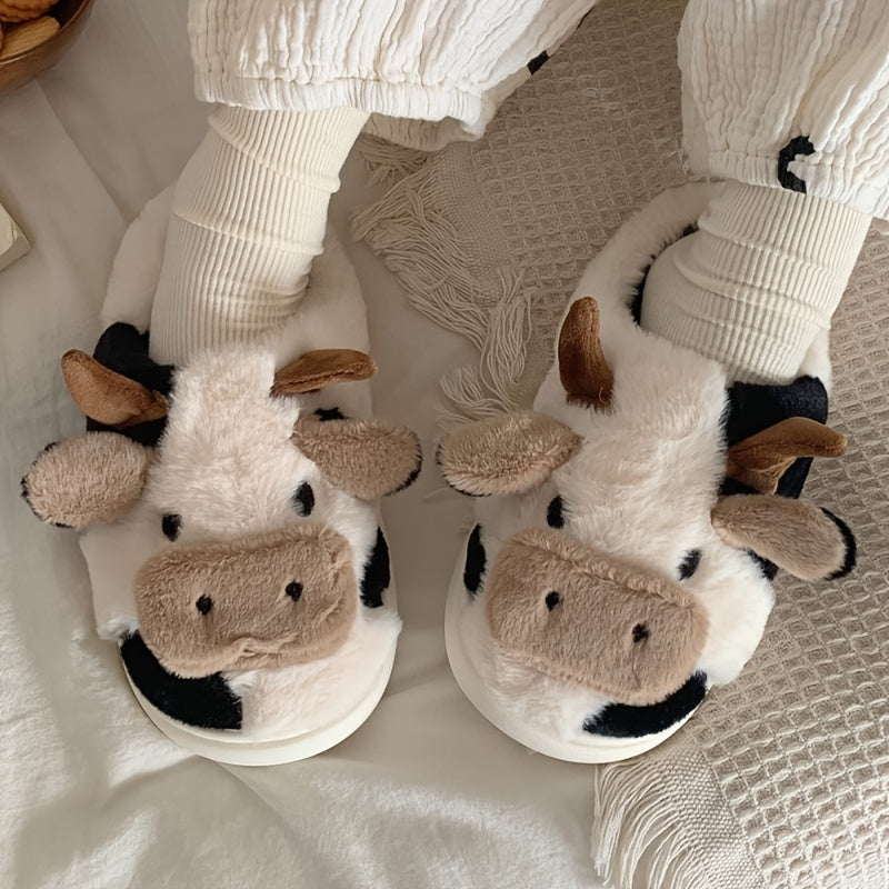 Women's Cartoon Cute Cow House Slippers - Warm Plush Lined Closed Toe Fuzzy Home Slides - For Women - Perfect for Cozy Winter Nights & Relaxing at Home - Ideal Gift for Cow Lovers & Friends