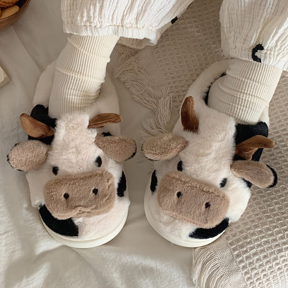 Women's Cartoon Cute Cow House Slippers - Warm Plush Lined Closed Toe Fuzzy Home Slides - For Women - Perfect for Cozy Winter Nights & Relaxing at Home - Ideal Gift for Cow Lovers & Friends