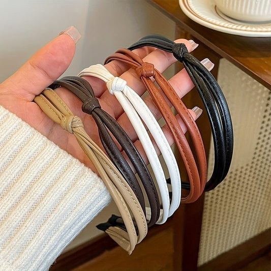 5pcs PU Leather Knotted Headbands for Women - Stylish Autumn & Winter Hair Accessories in Black, White, Beige & Brown, Retro/Simple Design for Face Wash, Makeup, or Casual Attire, Head Bands Hair Accessories - buythingsusa