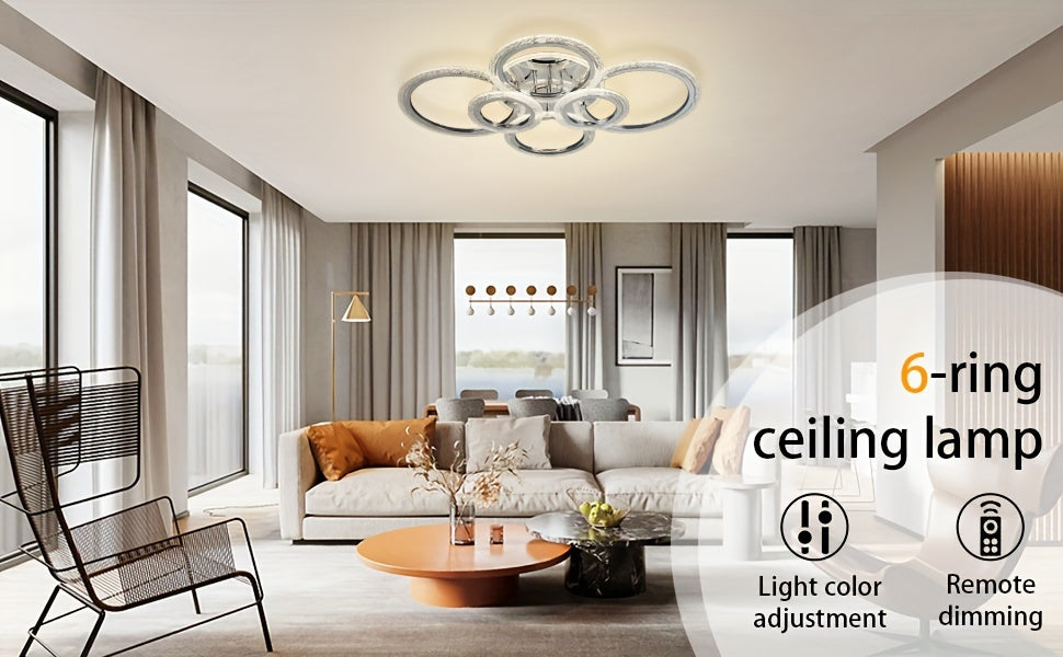 Local - Fastest delivery: 2 daysLED Ceiling Lamp Modern Close to Ceiling Light Dimmable 6 Rings Ceiling Chandelier for Living Room Bedroom, Chrome