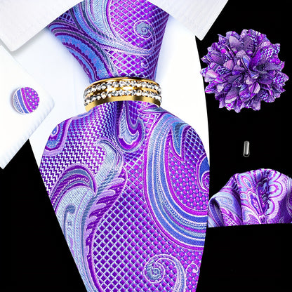 5PCS Men's Luxury Tie Set with Pocket Square, Cufflinks, Drilled Tie Ring, and Lapel Pin