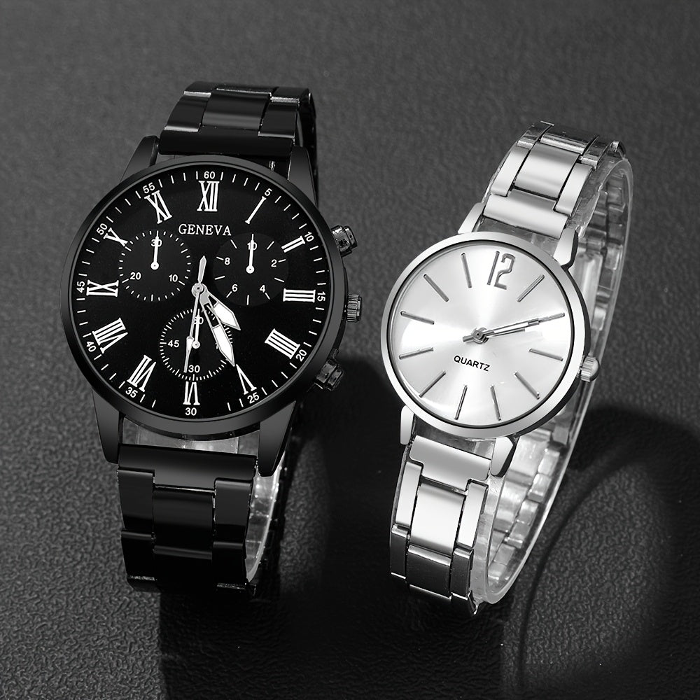 4pcs Chic Couples' Quartz Watch Set with Steel Bands & Magnetic Heart Necklaces