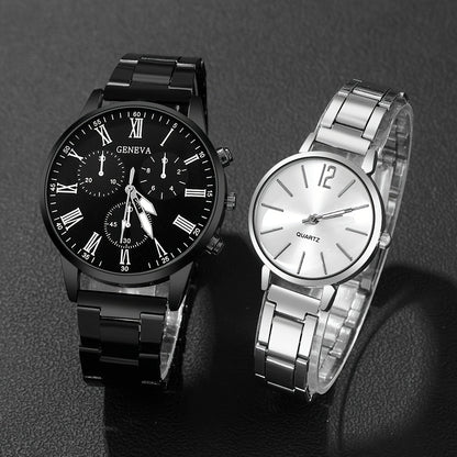 4pcs Chic Couples' Quartz Watch Set with Steel Bands & Magnetic Heart Necklaces