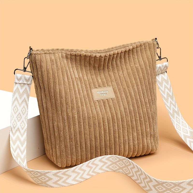Casual Corduroy Crossbody Bag with Adjustable Strap, Lightweight Polyester Lined, Zipper Closure, Striped Pattern, Hand Washable - Fashionable Shoulder Bag for Daily Commute, Shopping, and Travel