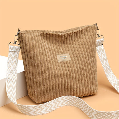 Casual Corduroy Crossbody Bag with Adjustable Strap, Lightweight Polyester Lined, Zipper Closure, Striped Pattern, Hand Washable - Fashionable Shoulder Bag for Daily Commute, Shopping, and Travel
