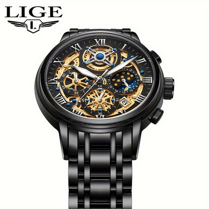 Noble Luxury Business men's Watch Stainless Steel Strap. Fashion Creative Gear Dial Luminous Calendar Quartz Watches. Suitable for family gatherings as gifts