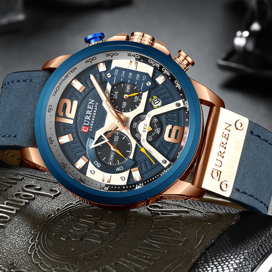Luxurious Men's Watch With Business Chronograph, Stylish Sports Leather Strap Quartz Wristwatch