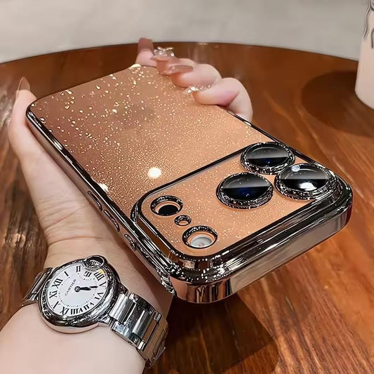 Luxury Glitter Bling Case for iPhone 17 Pro Max, Clear Hard PC Protective Cover with Camera Lens Protector, Sparkly Slim Shockproof Phone Case - AX (Brown)