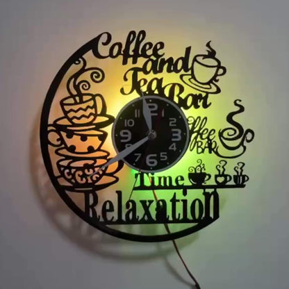 Vinyl Coffee and Tea Bar Themed Wall Clock - Silent, Glowing LED Lights..