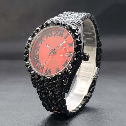 Luxury Hip-Hop Inspired Men's Quartz Watch - Elegant Black with Red Dial, Calendar & Night Light Feature, Zinc Alloy Band, Non-Waterproof