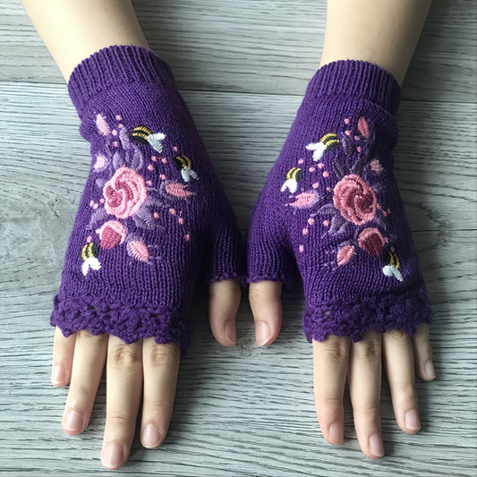 Handmade Flower Embroidered Gloves Women's Fingerless Knit Gloves Autumn Winter Coldproof WritingGloves