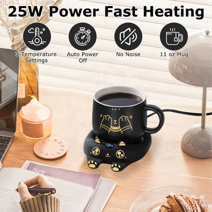 3-Temp Coffee Mug Warmer & Adorable Cat Mug Set