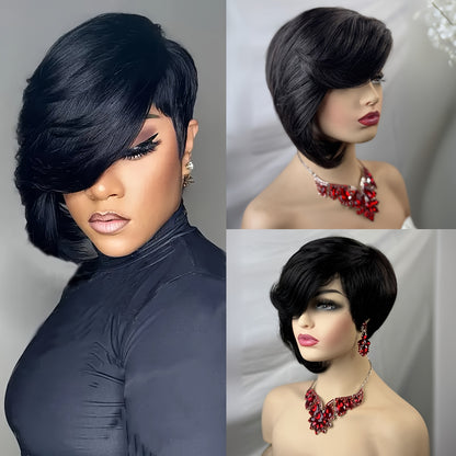 Elegant 10-inch Short Bob Wig for Women, 150% Density Virgin Human Hair, Rose Net Cap, Glueless Layered Wolfcut Style, Straight Hair with Bangs, 10A Grade, for Daily Wear