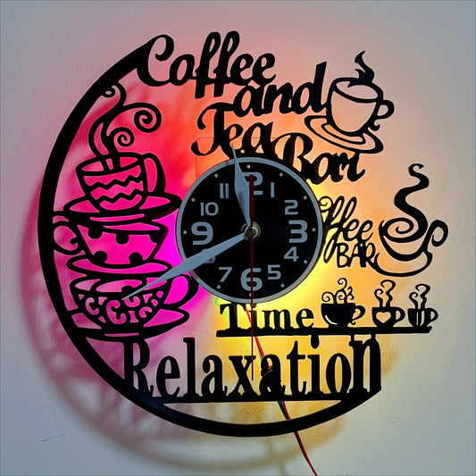 Vinyl Coffee and Tea Bar Themed Wall Clock - Silent, Glowing LED Lights..