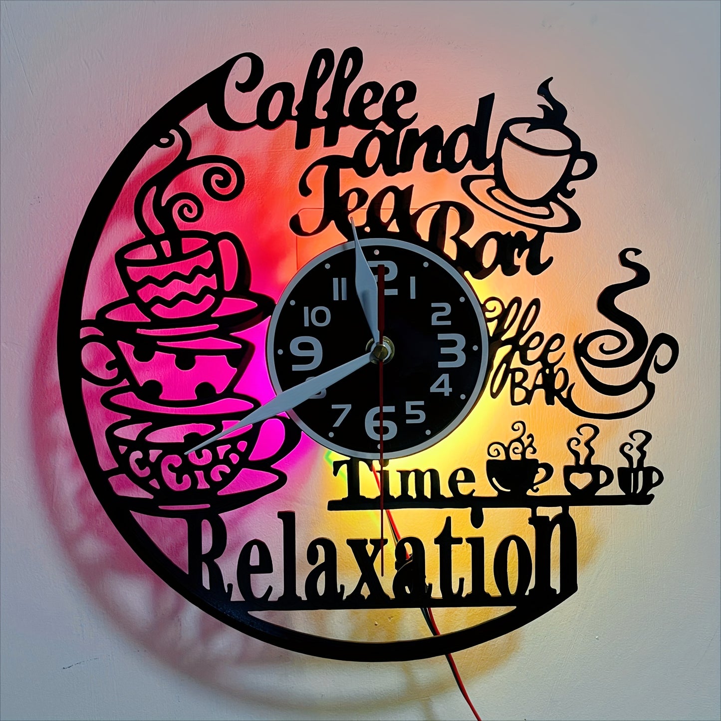Vinyl Coffee and Tea Bar Themed Wall Clock - Silent, Glowing LED Lights..