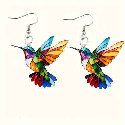 Charming Acrylic Hummingbird Dangle Earrings - Colorful, Lightweight & Hypoallergenic Stainless Steel Posts for Casual Attire or Gifting