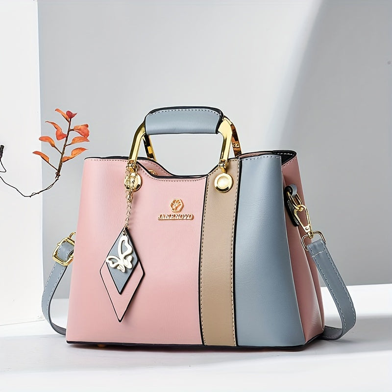 Chic Color-Block Design PU Shoulder Bag with Adjustable Strap, Waterproof, Magnetic Closure, Large Capacity - Mixed Colors, Korean Version, Luxury, Casual, 2024 New Model