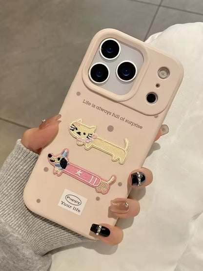 Cartoon Cute Embroidered Puppy Cat Phone Case For iPhone 17 Pro Max  Back Cover - AX