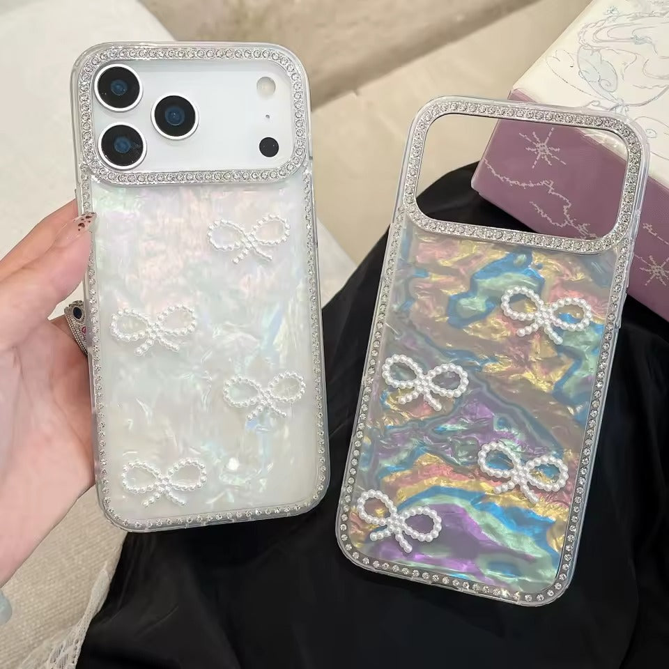 Luxury 3D Pearl Bow Bling Diamond  Phone Case For iPhone 17  Pro Max Girly Aurora Laser Acrylic Cover - AX