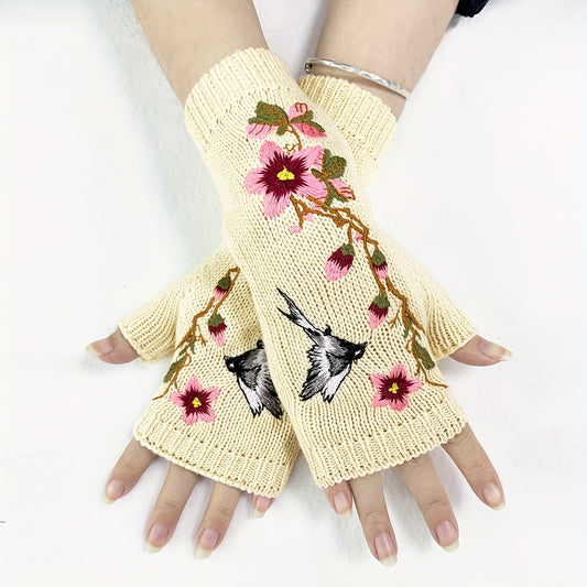 1 Pair of Elegant Women's Fingerless Knit Gloves with Floral & Bird Embroidery - Stretchy, Warm Decorative Beige Gloves for Spring & Autumn, Hand-Washable