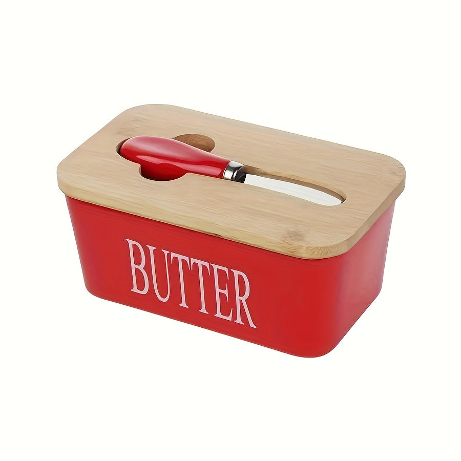 1pc Ceramic Butter Dish Set with Bamboo Lid and Knife - Airtight Silicone Sealed Butter Keeper for Kitchen Countertop and Refrigerator - Ideal for Baking and Gifting