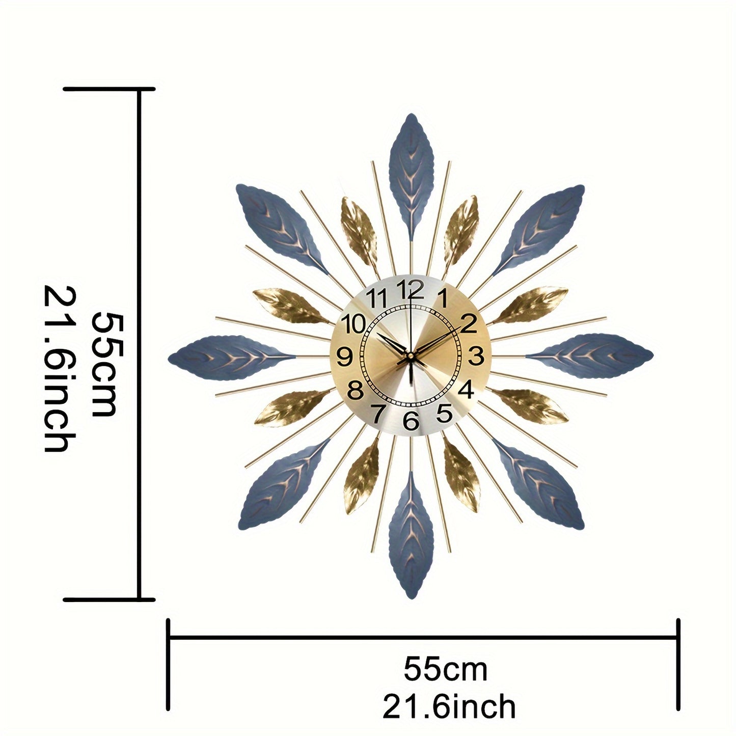 Luxury 21.6-Inch Golden Blue Metal Leaf Design Wall Clock - Silent Non-Ticking