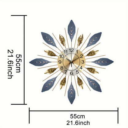 Luxury 21.6-Inch Golden Blue Metal Leaf Design Wall Clock - Silent Non-Ticking