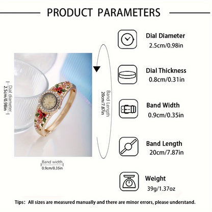 Round Floral Rhinestone Quartz Watches Alloy Strap Zinc Alloy Case, Glamorous Shiny Bracelet Style, For Women