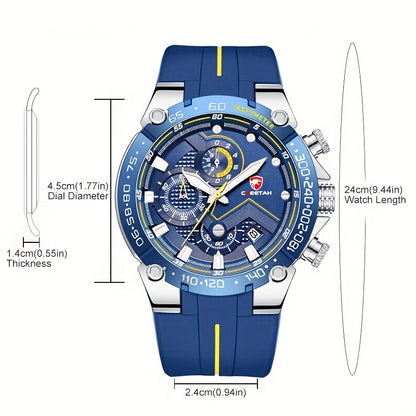 CHEETAH Luxury Quartz Sports Watch With Big Dial Chronograph And Auto Date Silicone Watchband For Men, Ideal choice for Gifts