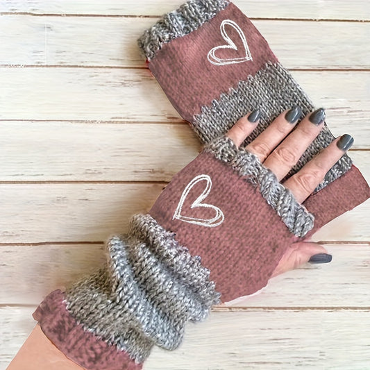 Chic Vintage-Inspired Heart Embroidered Color Block Mittens - Warm, Stretchy Fleece for Women | Perfect for Autumn & Winter