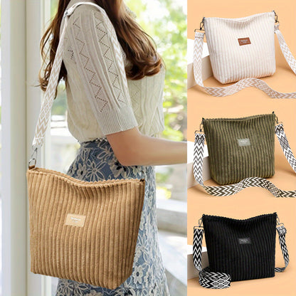 Casual Corduroy Crossbody Bag with Adjustable Strap, Lightweight Polyester Lined, Zipper Closure, Striped Pattern, Hand Washable - Fashionable Shoulder Bag for Daily Commute, Shopping, and Travel