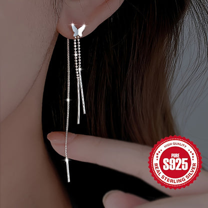 1 Pair of Elegant S925 Sterling Silver Butterfly Tassel Earrings, Hypoallergenic, 2.1g - Chic & Delicate Design, Perfect Gift for Women, Ideal for Daily Wear & Special Occasions, All-Season Accessory