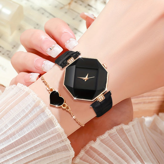 2pcs/set Fashionable Personalized Polygonal Women's Quartz Watch, Eye-Catching Black Design, Zinc Alloy Case, Soft Leather Strap And Heart-Shaped Bracelet, Ideal Gift For Mothers Or Girlfriends On Mother's Day, Valentine's Day, Ramadan, And Birthdays