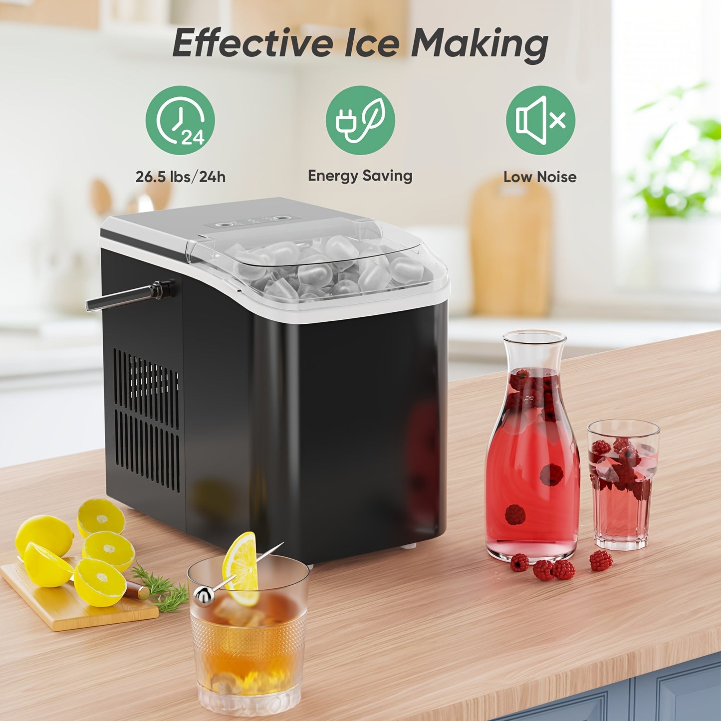 Countertop Ice Maker, Nugget Portable Ice Machine, 9 Bullet Ice Cubes in 6 Mins, 26.5lbs in 24Hrs Self-Cleaning with Handle, Basket, Scoop - For Home, Kitchen, Parties, Camping & RV - Perfect for Entertaining & Outdoor Activities