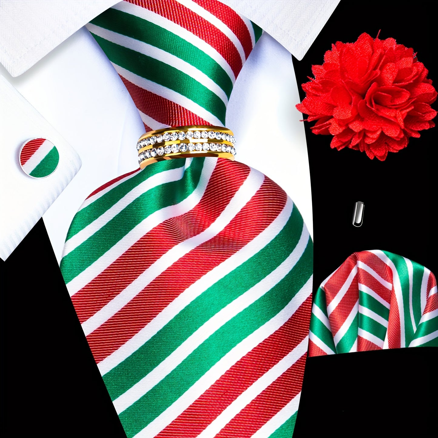 5PCS Men's Luxury Tie Set with Pocket Square, Cufflinks, Drilled Tie Ring, and Lapel Pin