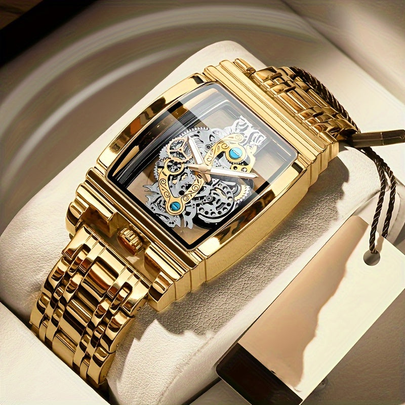 Elegant Men's Golden-Tone Tonneau Watch with Intricate Mechanical Design - Stainless Steel, Luminous Hands & Date Display, Stopwatch Function, Water-Resistant