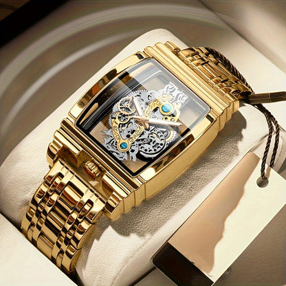 Elegant Men's Golden-Tone Tonneau Watch with Intricate Mechanical Design - Stainless Steel, Luminous Hands & Date Display, Stopwatch Function, Water-Resistant
