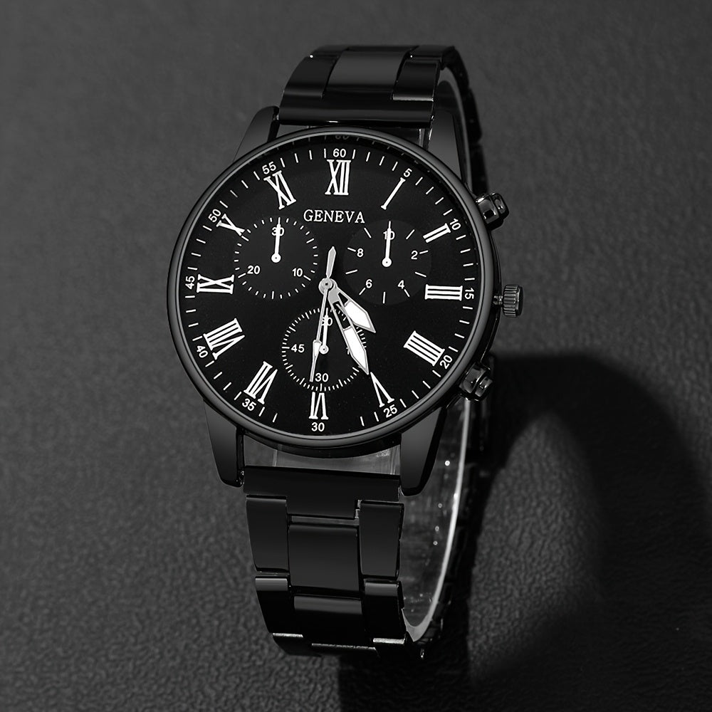 4pcs Chic Couples' Quartz Watch Set with Steel Bands & Magnetic Heart Necklaces