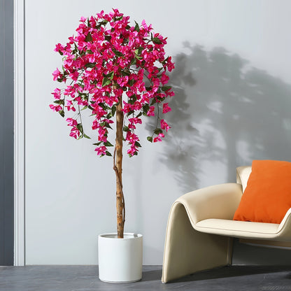Artificial Bougainvillea Flowers Tree - 4FT/5FT Faux Potted Plants With Wood Trunk And Pink Flowers - For Housewarming Decor - Perfect Gift for Home & Garden Lovers