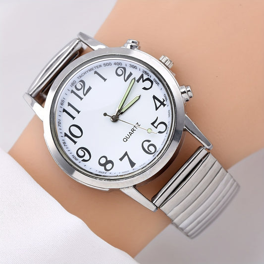 Elegant Women's Quartz Watch - Luminous Hands, Large White Dial with Date Display, Adjustable Stainless Steel Stretch Band, Zinc Alloy Case - Perfect for Parties