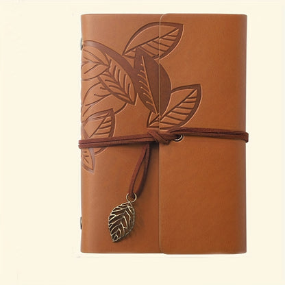 Vintage Leaf-Embossed Faux Leather Notebook - Spiral Bound, Loose-Leaf Journal with Strap Closure in Black, Orange, & Blue - Ideal for Students & Travelers